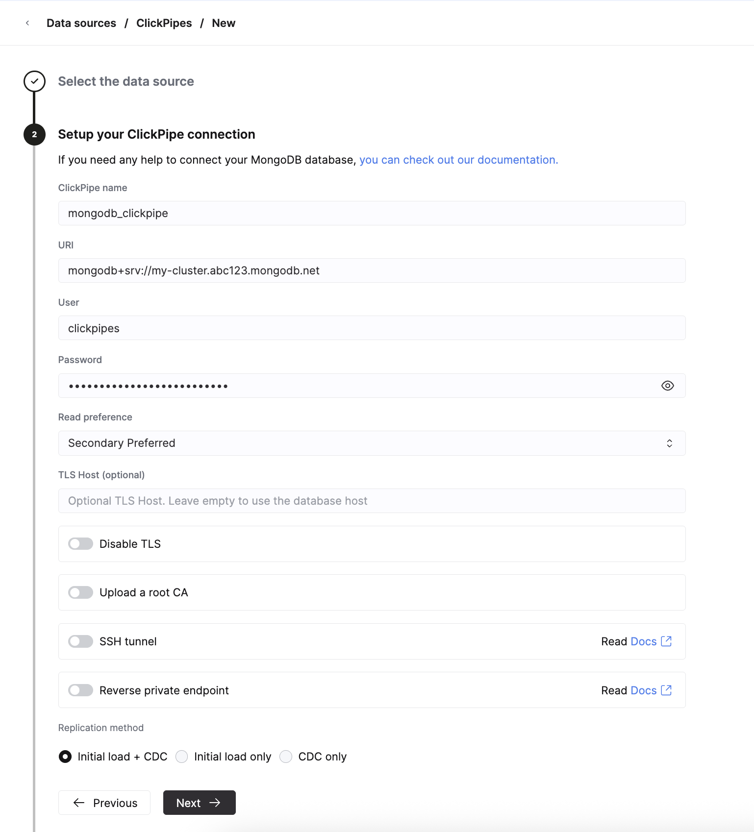 Заполнение данных подключения